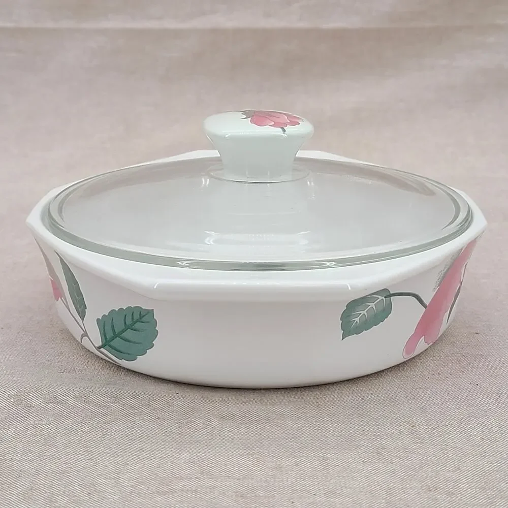 Vtg Mikasa Fire & Ice Silk Flowers Covered Casserole Dish 80's Glass Lid AA009